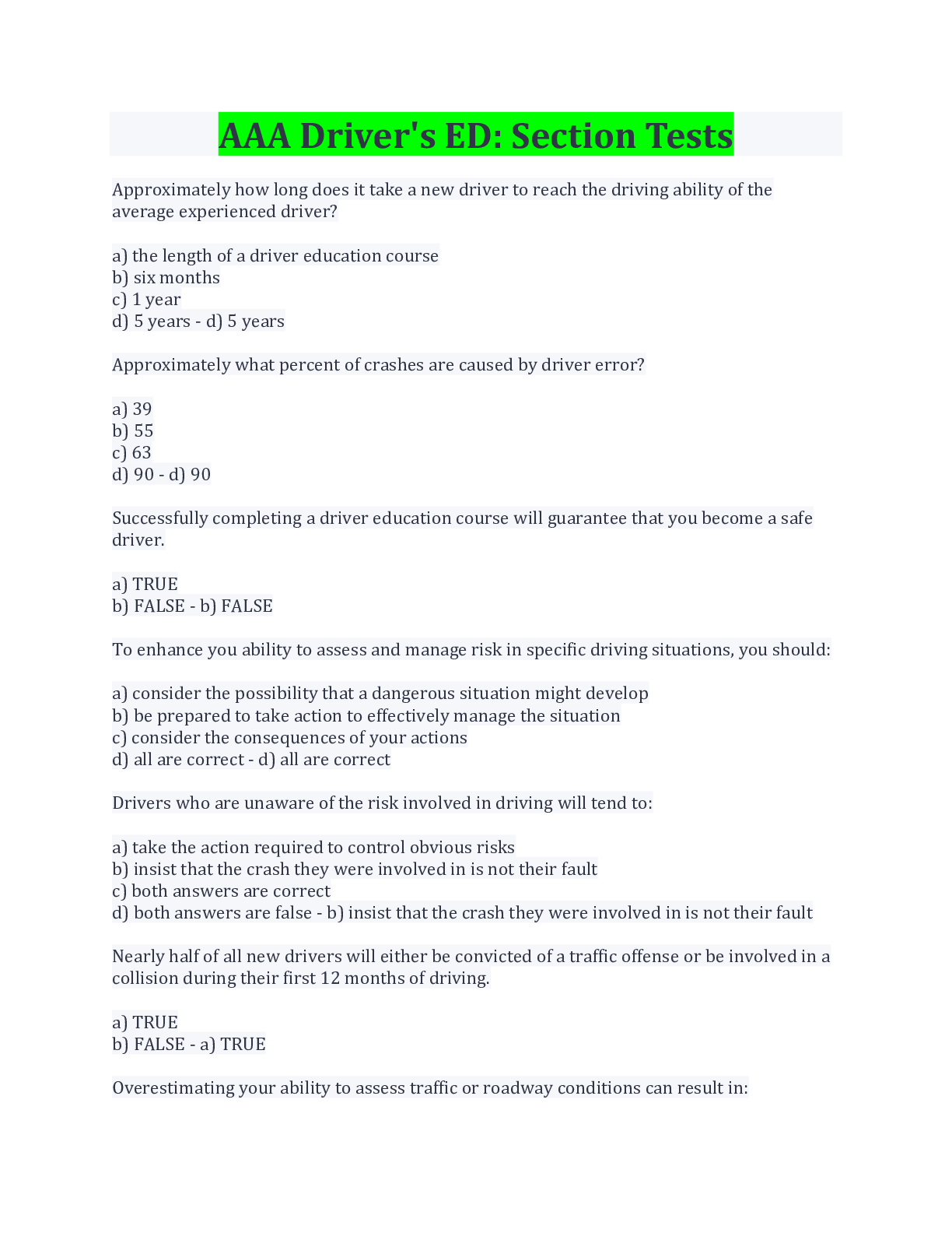 Preview image for AAA Driver's ED: Section Tests Question And Answers